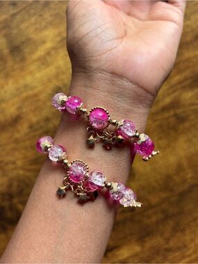 2pcs Pink Glass Beaded Bracelet with Star Charms and Butterfly